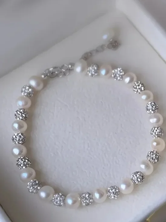 Freshwater Pearl and Crystal Ball Bracelet - White - Picture 3 of 3